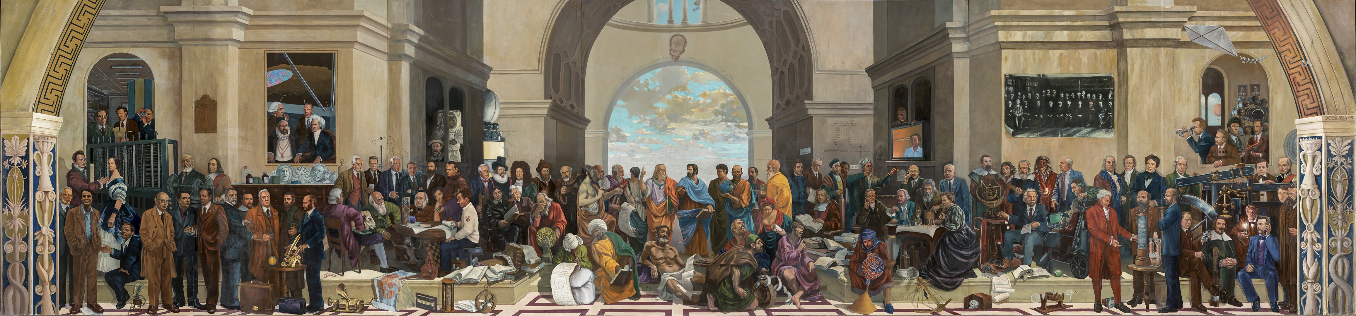 Mural con científicos y pensadores de la historia